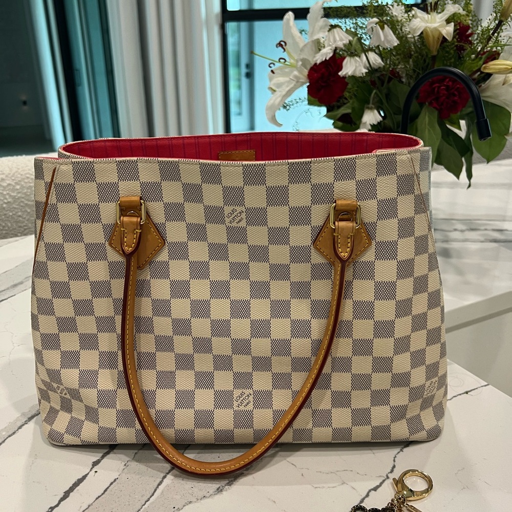 Louis Vuitton Beige Checkered Tote with Red Interior